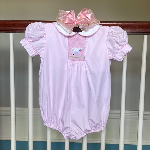 Girls Boutique Beaux et Belles Classic Smocked Bubble Sz 3 Pink Lamb Easter Bow - Picture 1 of 5